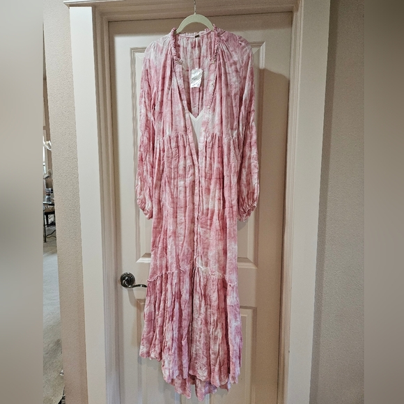 Free People Edie Maxi Dress LS Button Front Tiered Pleated Washed Rose XS NWT - Picture 2 of 16
